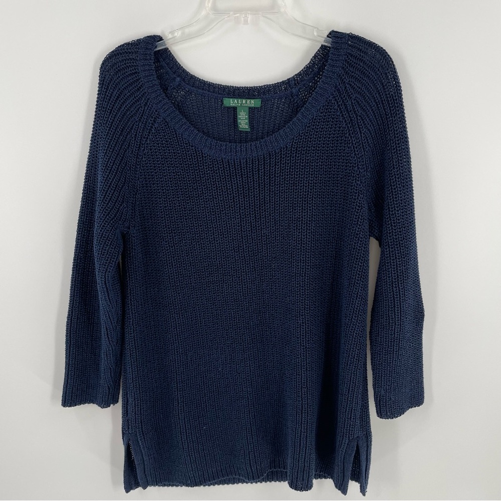 Lauren Ralph Lauren Navy Blue Open
Knit Wide Crew/Scoop Neck 3/4 Sleeve Sweater